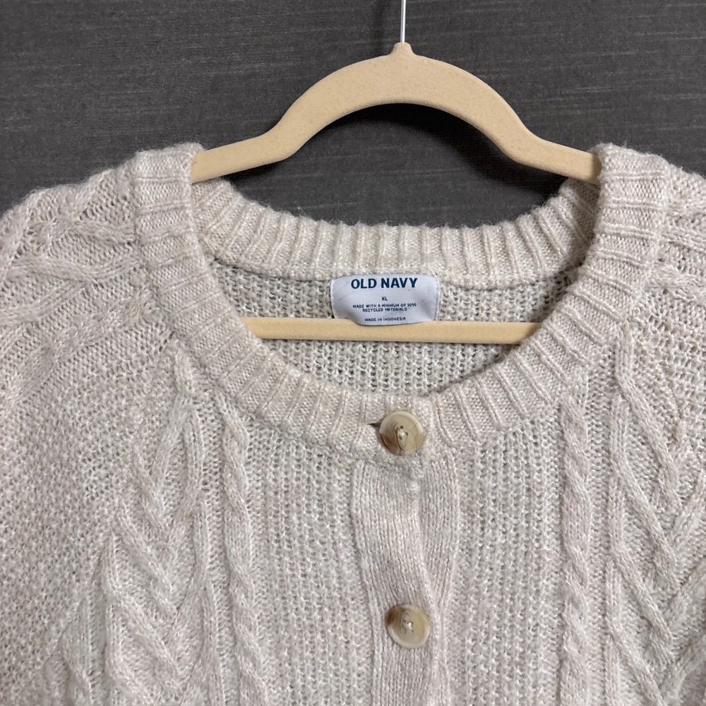 Old Navy Cardigan XL Beige Wool Blend Cable Knit Chunky Fisherman Sweater Crop - Picture 2 of 10